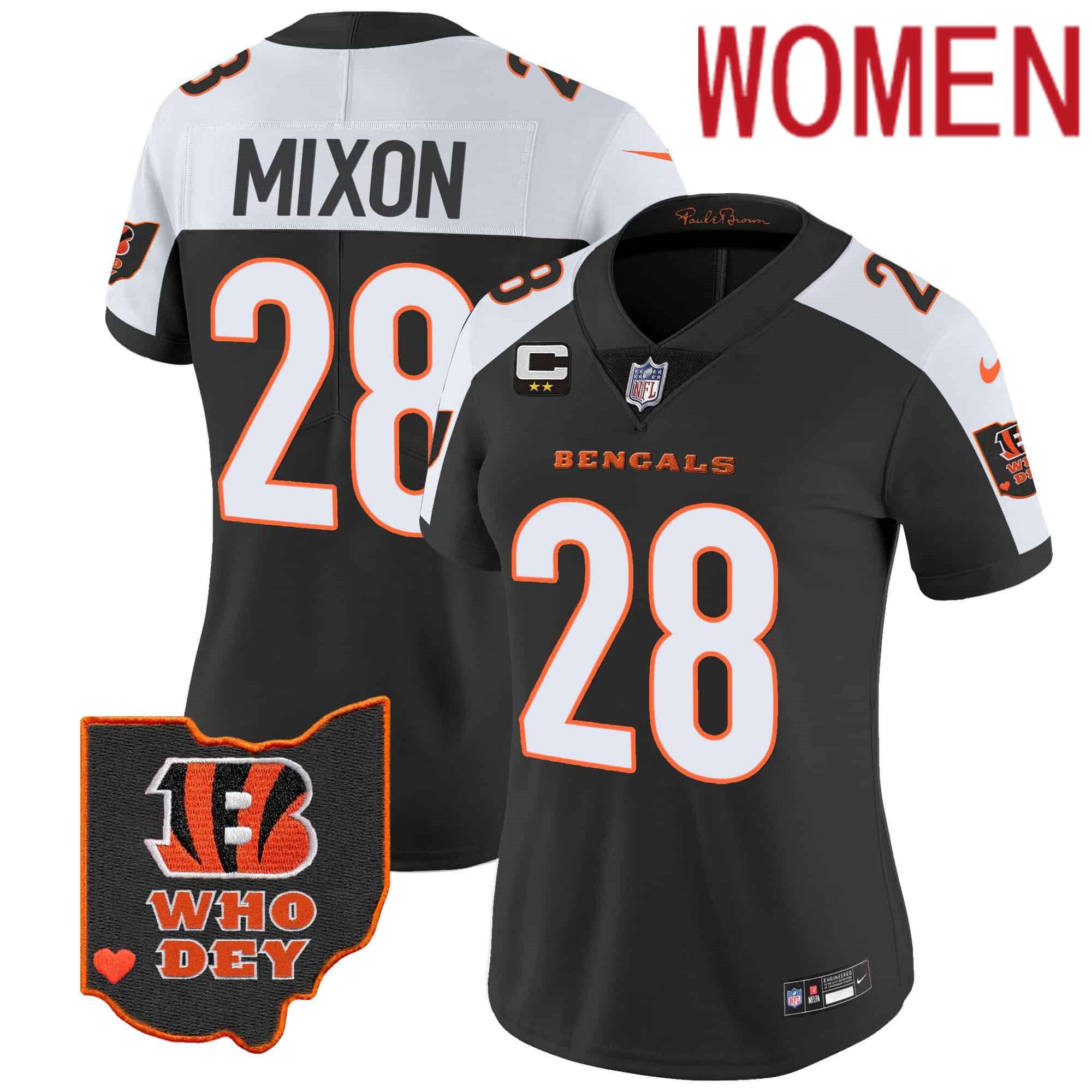Women Cincinnati Bengals #28 Mixon Black 2024 Nike Patch Vapor Limited NFL Jersey